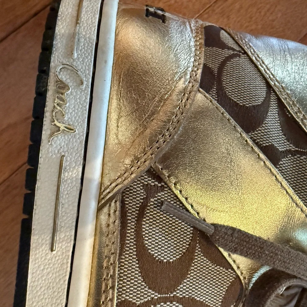 Coach Metallic Gold and Brown High-Top Sneakers - Picture 6 of 16